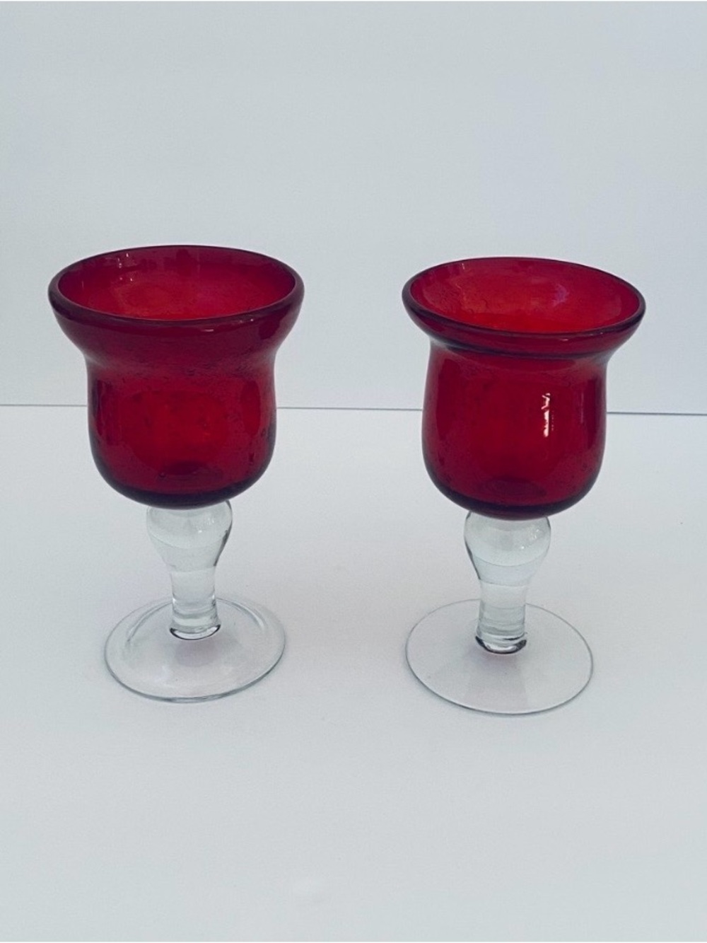 Hand Blown Ruby Red Glass Goblet with Clear Glass Base 9” Set Of 2